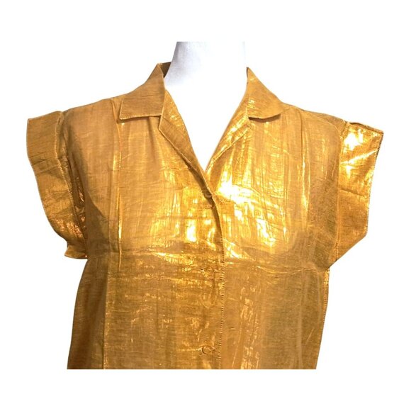 Vintage Golden Yellow Top Womens Size 3 Metallic Button Up Short Sleeve Shirt by - Picture 5 of 10